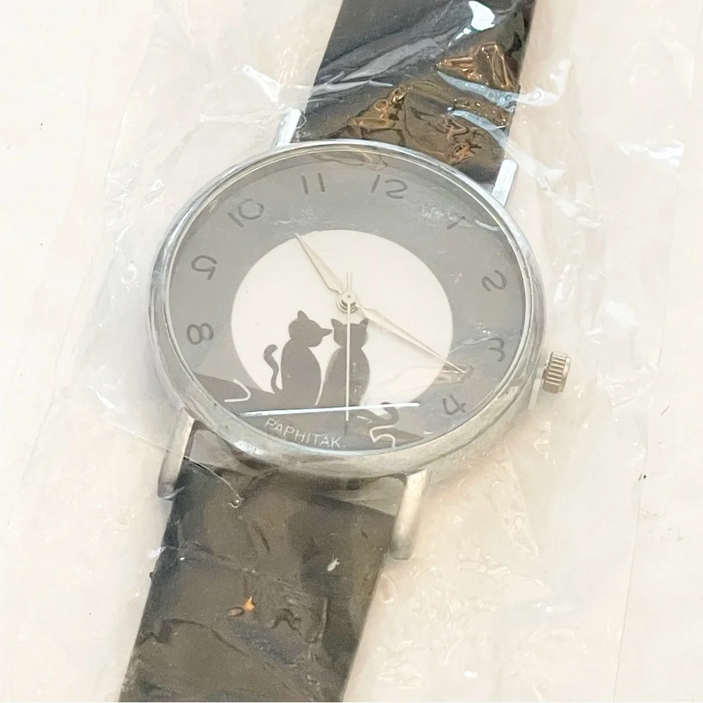 Stainless Steel Black Leather Cat Kitten Big‎ Head Adjustable Watch NEW